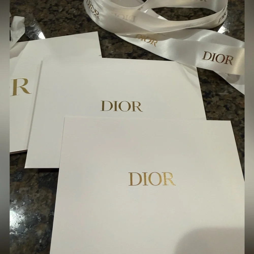 NEW. Authentic DIOR gift wrap set: bag, ribbon, tissue paper, cards + envelope